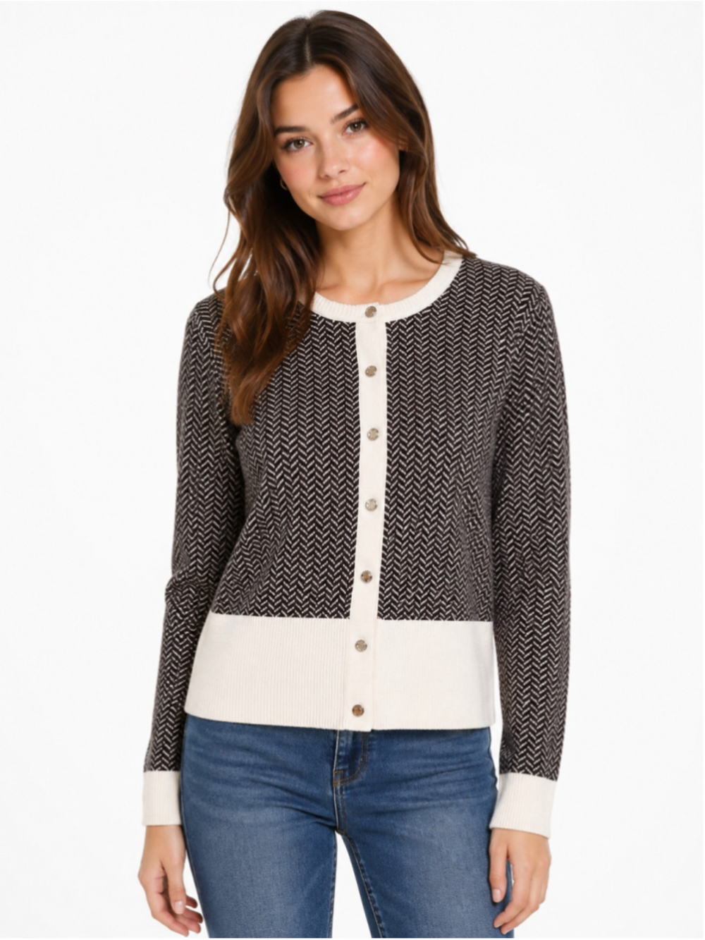 Calvin Klein Cardigan Sweater Size M Black White Herringbone NWT
